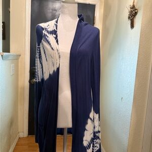 Roz & Ali Navy and White Tie-Dye Open Front Hooded Cardigan